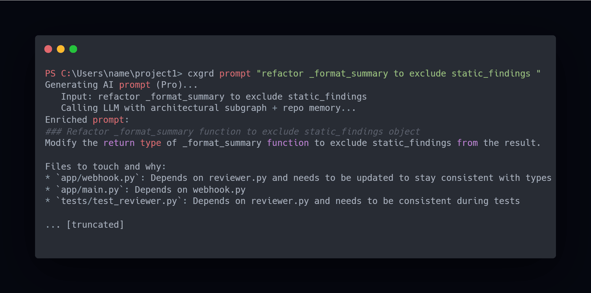 CXGRD prompt CLI output showing architecture-aware prompt generation